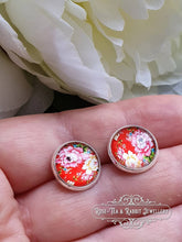 Load image into Gallery viewer, Scarlet Red Floral Glass Cabochon Stud Earrings - 12mm Diameter - Silver Plated - Lead/Nickle Free - Pretty & Dainty - Butterfly Closure