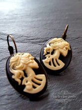 Load image into Gallery viewer, Skeleton Lady Cameo Drop Earrings - 3.7x1.9cm(1.45 x 0.74 Inches) - Black and Ivory Tones - Antiqued Bronze Tone Base - Lever Back Closure