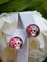 Load image into Gallery viewer, Skulls and Roses - Stud Earring - Vintage Style - Day of the Dead - Glass Cabochon - Silver Plated - Hypoallergenic - 12mm/(0.47 Inches)