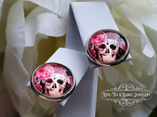 Load image into Gallery viewer, Skulls and Roses - Stud Earring - Vintage Style - Day of the Dead - Glass Cabochon - Silver Plated - Hypoallergenic - 12mm/(0.47 Inches)