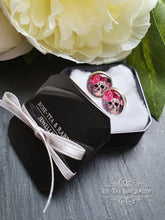 Load image into Gallery viewer, Skulls and Roses - Stud Earring - Vintage Style - Day of the Dead - Glass Cabochon - Silver Plated - Hypoallergenic - 12mm/(0.47 Inches)