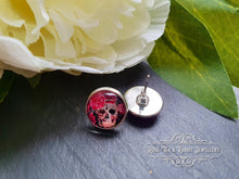 Load image into Gallery viewer, Skulls and Roses - Stud Earring - Vintage Style - Day of the Dead - Glass Cabochon - Silver Plated - Hypoallergenic - 12mm/(0.47 Inches)
