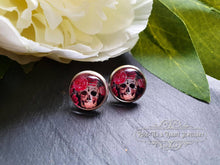 Load image into Gallery viewer, Skulls and Roses - Stud Earring - Vintage Style - Day of the Dead - Glass Cabochon - Silver Plated - Hypoallergenic - 12mm/(0.47 Inches)