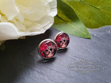 Load image into Gallery viewer, Skulls and Roses - Stud Earring - Vintage Style - Day of the Dead - Glass Cabochon - Silver Plated - Hypoallergenic - 12mm/(0.47 Inches)
