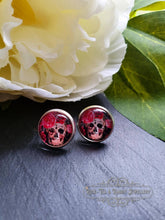 Load image into Gallery viewer, Skulls and Roses - Stud Earring - Vintage Style - Day of the Dead - Glass Cabochon - Silver Plated - Hypoallergenic - 12mm/(0.47 Inches)
