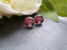Load image into Gallery viewer, Skulls and Roses - Stud Earring - Vintage Style - Day of the Dead - Glass Cabochon - Silver Plated - Hypoallergenic - 12mm/(0.47 Inches)