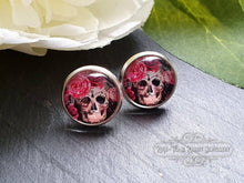 Load image into Gallery viewer, Skulls and Roses - Stud Earring - Vintage Style - Day of the Dead - Glass Cabochon - Silver Plated - Hypoallergenic - 12mm/(0.47 Inches)