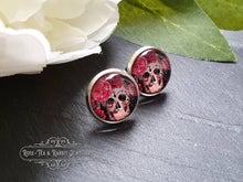 Load image into Gallery viewer, Skulls and Roses - Stud Earring - Vintage Style - Day of the Dead - Glass Cabochon - Silver Plated - Hypoallergenic - 12mm/(0.47 Inches)