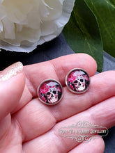 Load image into Gallery viewer, Skulls and Roses - Stud Earring - Vintage Style - Day of the Dead - Glass Cabochon - Silver Plated - Hypoallergenic - 12mm/(0.47 Inches)