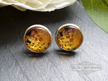 Load image into Gallery viewer, The Kiss - Print Stud Earring - Vintage Style - Glass Photo Cabochon - Silver Plated - Hypoallergenic - 12mm Diameter (0.47 Inches)
