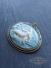 Load image into Gallery viewer, Mermaid Cameo Brooch - 4x4.5cm (1.57x1.77 Inches) - White Relief on Pale Blue Background - Antiqued Silvertone Base - Modern Vintage Style