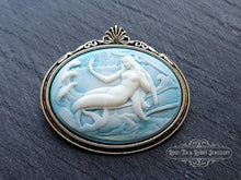 Load image into Gallery viewer, Mermaid Cameo Brooch - 4x4.5cm (1.57x1.77 Inches) - White Relief on Pale Blue Background - Antiqued Silvertone Base - Modern Vintage Style