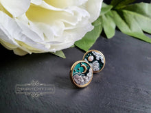 Load image into Gallery viewer, Goldtone Earring Studs - Moon In Two Phases Design - Dark Teal Enamel & Pearlescent Cabochon Detail - Earring Diameter: 1.5cm / 15mm / 0.59 Inches