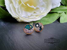 Load image into Gallery viewer, Goldtone Earring Studs - Moon In Two Phases Design - Dark Teal Enamel & Pearlescent Cabochon Detail - Earring Diameter: 1.5cm / 15mm / 0.59 Inches