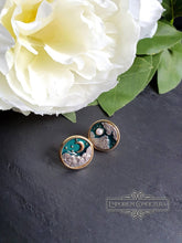 Load image into Gallery viewer, Goldtone Earring Studs - Moon In Two Phases Design - Dark Teal Enamel & Pearlescent Cabochon Detail - Earring Diameter: 1.5cm / 15mm / 0.59 Inches