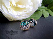 Load image into Gallery viewer, Goldtone Earring Studs - Moon In Two Phases Design - Dark Teal Enamel & Pearlescent Cabochon Detail - Earring Diameter: 1.5cm / 15mm / 0.59 Inches