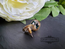 Load image into Gallery viewer, Goldtone Earring Studs - Moon In Two Phases Design - Dark Teal Enamel & Pearlescent Cabochon Detail - Earring Diameter: 1.5cm / 15mm / 0.59 Inches