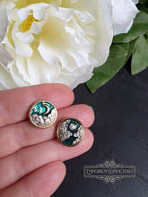 Load image into Gallery viewer, Goldtone Earring Studs - Moon In Two Phases Design - Dark Teal Enamel & Pearlescent Cabochon Detail - Earring Diameter: 1.5cm / 15mm / 0.59 Inches