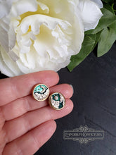 Load image into Gallery viewer, Goldtone Earring Studs - Moon In Two Phases Design - Dark Teal Enamel & Pearlescent Cabochon Detail - Earring Diameter: 1.5cm / 15mm / 0.59 Inches