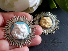 Load image into Gallery viewer, Elegant Cat Brooch - Modern-Vintage Cameo Design - Sunburst Pattern Brooch Surround - Antiqued Silvertone Finish - 4.5cm/1.77 Inch Diameter