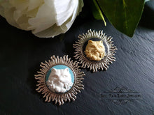 Load image into Gallery viewer, Elegant Cat Brooch - Modern-Vintage Cameo Design - Sunburst Pattern Brooch Surround - Antiqued Silvertone Finish - 4.5cm/1.77 Inch Diameter