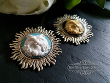 Load image into Gallery viewer, Elegant Cat Brooch - Modern-Vintage Cameo Design - Sunburst Pattern Brooch Surround - Antiqued Silvertone Finish - 4.5cm/1.77 Inch Diameter