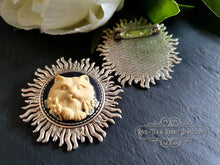 Load image into Gallery viewer, Elegant Cat Brooch - Modern-Vintage Cameo Design - Sunburst Pattern Brooch Surround - Antiqued Silvertone Finish - 4.5cm/1.77 Inch Diameter