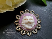 Load image into Gallery viewer, Cute/Kawaii Cameo Cat Brooch - Resin Brooch - Mauve/White - Antiqued Round Silvertone Base - Medium Size Pin - 4x4cm(1.57 Inch Diameter)