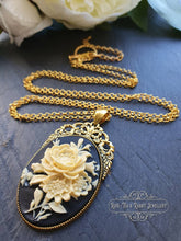 Load image into Gallery viewer, Floral Posy Cameo Necklace - Antiqued Goldtone Base - Deep Plated Gold Chain - Pendant 60mmx32mm (2.36x1.25 inches) - Optional Chain Lengths