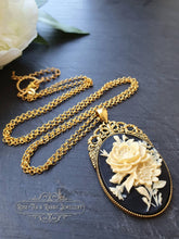 Load image into Gallery viewer, Floral Posy Cameo Necklace - Antiqued Goldtone Base - Deep Plated Gold Chain - Pendant 60mmx32mm (2.36x1.25 inches) - Optional Chain Lengths