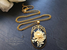 Load image into Gallery viewer, Floral Posy Cameo Necklace - Antiqued Goldtone Base - Deep Plated Gold Chain - Pendant 60mmx32mm (2.36x1.25 inches) - Optional Chain Lengths