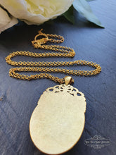 Load image into Gallery viewer, Floral Posy Cameo Necklace - Antiqued Goldtone Base - Deep Plated Gold Chain - Pendant 60mmx32mm (2.36x1.25 inches) - Optional Chain Lengths