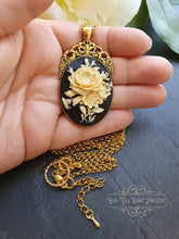 Load image into Gallery viewer, Floral Posy Cameo Necklace - Antiqued Goldtone Base - Deep Plated Gold Chain - Pendant 60mmx32mm (2.36x1.25 inches) - Optional Chain Lengths