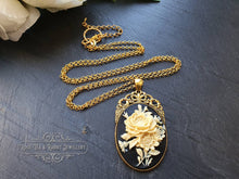 Load image into Gallery viewer, Floral Posy Cameo Necklace - Antiqued Goldtone Base - Deep Plated Gold Chain - Pendant 60mmx32mm (2.36x1.25 inches) - Optional Chain Lengths
