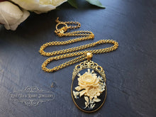 Load image into Gallery viewer, Floral Posy Cameo Necklace - Antiqued Goldtone Base - Deep Plated Gold Chain - Pendant 60mmx32mm (2.36x1.25 inches) - Optional Chain Lengths