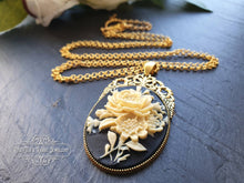Load image into Gallery viewer, Floral Posy Cameo Necklace - Antiqued Goldtone Base - Deep Plated Gold Chain - Pendant 60mmx32mm (2.36x1.25 inches) - Optional Chain Lengths