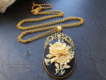 Load image into Gallery viewer, Floral Posy Cameo Necklace - Antiqued Goldtone Base - Deep Plated Gold Chain - Pendant 60mmx32mm (2.36x1.25 inches) - Optional Chain Lengths