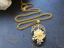 Load image into Gallery viewer, Floral Posy Cameo Necklace - Antiqued Goldtone Base - Deep Plated Gold Chain - Pendant 60mmx32mm (2.36x1.25 inches) - Optional Chain Lengths
