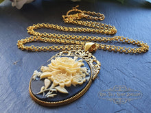 Load image into Gallery viewer, Floral Posy Cameo Necklace - Antiqued Goldtone Base - Deep Plated Gold Chain - Pendant 60mmx32mm (2.36x1.25 inches) - Optional Chain Lengths