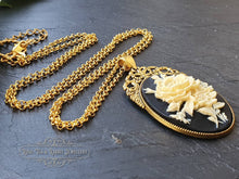Load image into Gallery viewer, Floral Posy Cameo Necklace - Antiqued Goldtone Base - Deep Plated Gold Chain - Pendant 60mmx32mm (2.36x1.25 inches) - Optional Chain Lengths