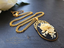 Load image into Gallery viewer, Floral Posy Cameo Necklace - Antiqued Goldtone Base - Deep Plated Gold Chain - Pendant 60mmx32mm (2.36x1.25 inches) - Optional Chain Lengths