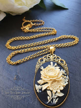 Load image into Gallery viewer, Floral Posy Cameo Necklace - Antiqued Goldtone Base - Deep Plated Gold Chain - Pendant 60mmx32mm (2.36x1.25 inches) - Optional Chain Lengths