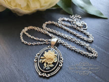 Load image into Gallery viewer, Small Floral Posy Necklace - Resin Cameo - Silver-Tone Base with Silver Plated Chain - Small Pendant - 3.5cm x 2.2cm (1.37 x 0.86 Inches)