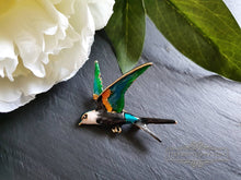 Load image into Gallery viewer, Hand Enamelled Bird Brooch - Dark Brown, Teal, Green and Gold Colourway - Goldtone Base - 5.5x6cm