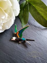 Load image into Gallery viewer, Hand Enamelled Bird Brooch - Dark Brown, Teal, Green and Gold Colourway - Goldtone Base - 5.5x6cm