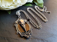 Load image into Gallery viewer, Striking Crow Skull Pendant Necklace - Antiqued Silvertone Finish - Black Enamel Detail - Gothic Modern-Vintage Style