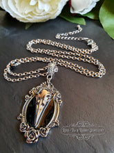 Load image into Gallery viewer, Striking Crow Skull Pendant Necklace - Antiqued Silvertone Finish - Black Enamel Detail - Gothic Modern-Vintage Style