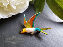 Load image into Gallery viewer, Hand Enamelled Bird Brooch -Teal, Cream, Lemon Yellow, Orange and Gold Colourway - Goldtone Base - 5.5x6cm