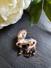 Load image into Gallery viewer, Unicorn Pin Brooch - Hand Enamelled - Diamante Detail - Goldtones, Cream and Black/Dark Grey - Scotland's National Animal - Convertible jewellery - 3.5x3cm ( 35x30mm/1.37x1.18 Inches)
