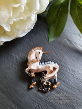 Load image into Gallery viewer, Unicorn Pin Brooch - Hand Enamelled - Diamante Detail - Goldtones, Cream and Black/Dark Grey - Scotland's National Animal - Convertible jewellery - 3.5x3cm ( 35x30mm/1.37x1.18 Inches)